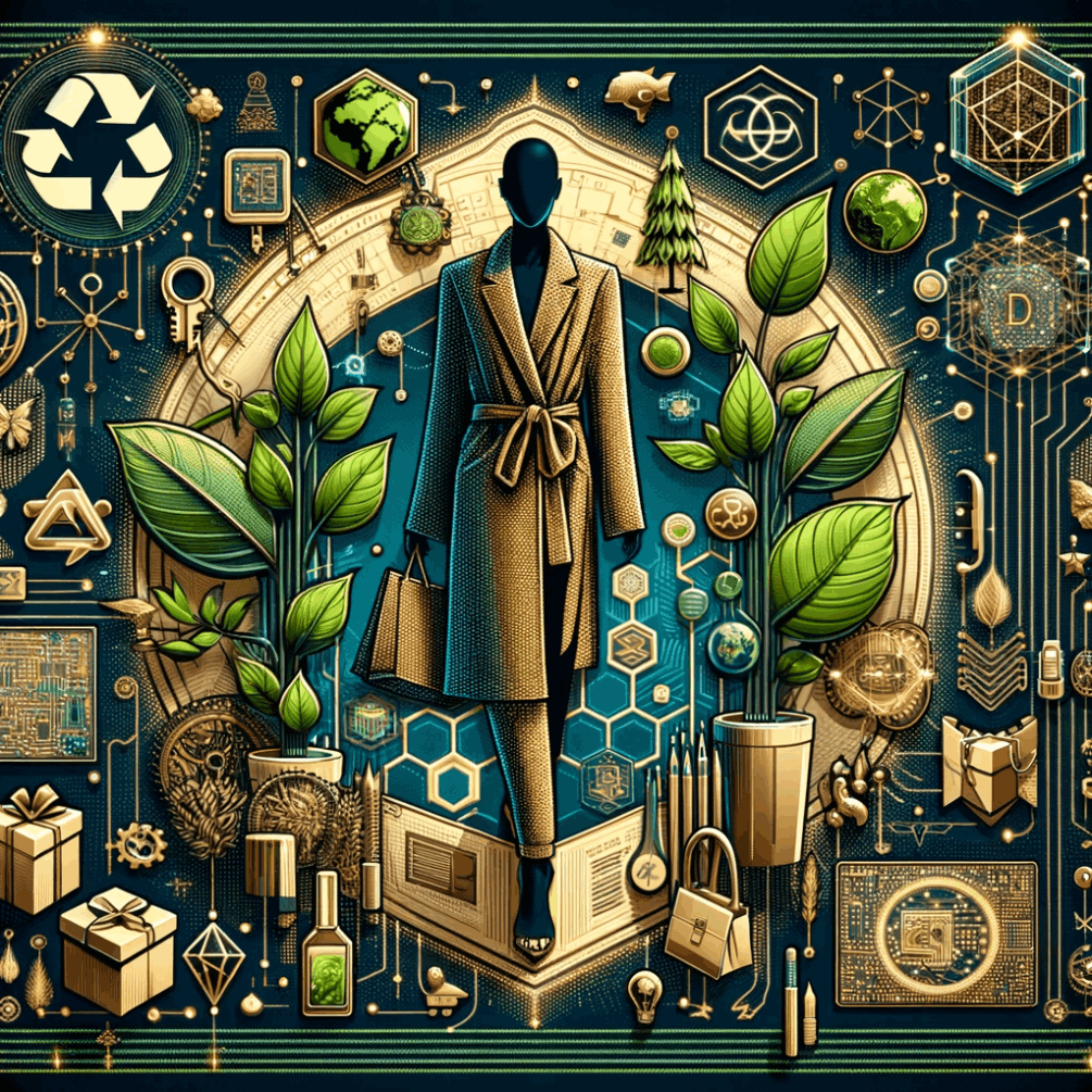 The image showcases a harmonious blend of fashion and technology, featuring luxurious items intertwined with digital patterns and circuits, alongside symbols of sustainability such as green leaves and recycling icons. This composition illustrates the seamless integration of blockchain technology within the fashion and luxury sectors, emphasizing the drive towards digital transformation and eco-friendly practices.